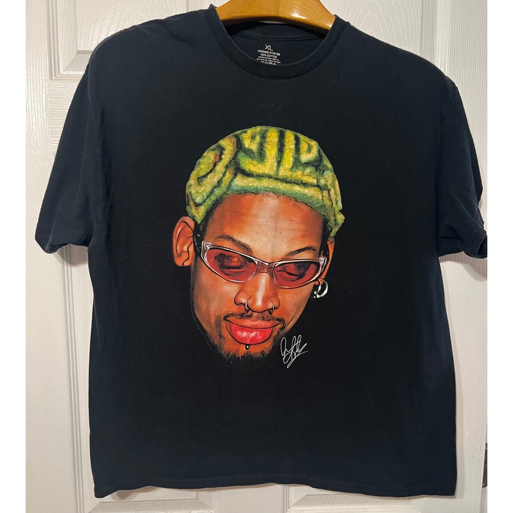 Dennis Rodman Graphic T-Shirt‎ Black Cotton NBA Streetwear Mens XL Handmade USA